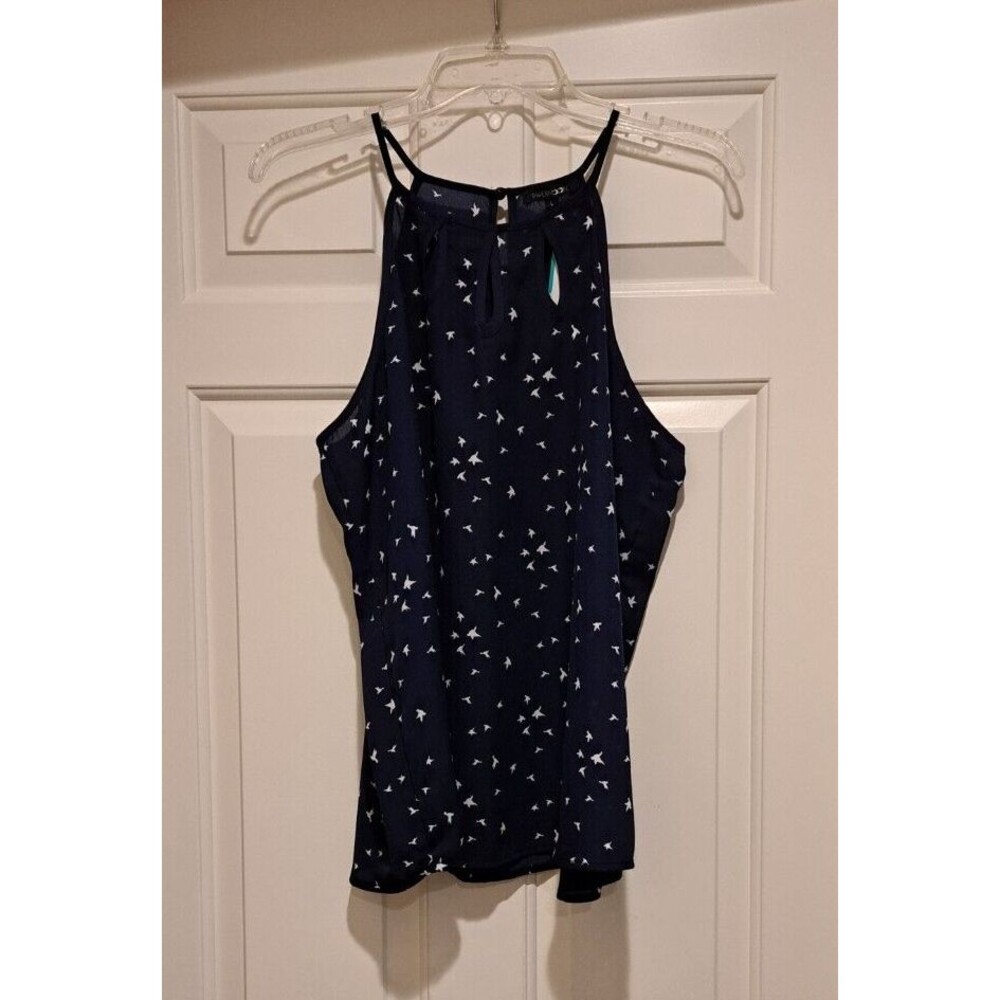 New Papermoon Womens Bird Print Top with Keyhole Neckline Blue Blouse Size Large
